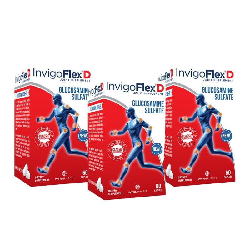 INVIGOFLEX® D - 1500mg of Glucosamine Sulfate (Classic Formulation) - Premium Joint Supplement for Knees, Hands, Back, & Hip Support D: Glucosamine Sulfate, Caplets - 60 Ct (Pack of 3) 60 Count (Pack of 3)