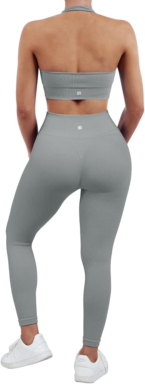 SUUKSESS Women Seamless Ribbed Workout Set Backless Sports Bra Booty Biker Short - Image 6