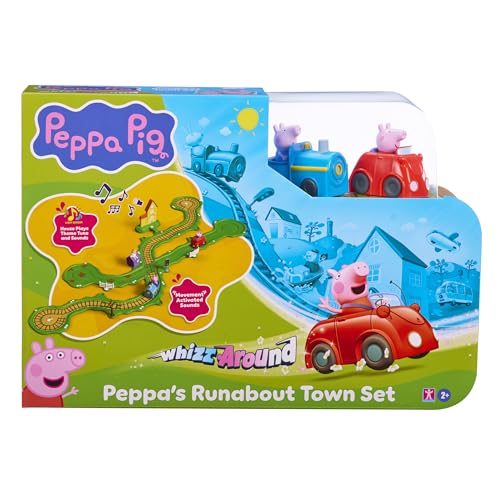 Peppa Pig Whizz-Around Ciudad en Movimiento – Set de Juego con Vehículos Motorizados, Circuito de Carretera y Vía, Casa Electrónica con Sonidos, Coche y Tren, Accesorios, Juguete Desde 2 Años