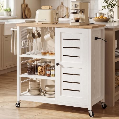 IRONCK Kitchen Island on Wheels with Power Outlets Rolling Kitchen Trolley with Storage Cabinet & Open Shelves Wooden Utility Cart with Towel Rack & Hooks for Small Spaces White & Oak