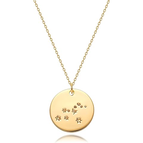 MEVECCO Gold Necklace Coin Disc Zodiac 12 Constellation Star Connected Engraved Horoscope Sign Astrology Pendant 18K Gold Plated Chain Dainty Personalized Simple Jewelry