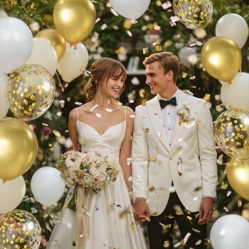 Image of White and Gold Confetti Balloons - 50pcs 12 Inch Metallic Champagne Gold Matte Sand Beige White Latex Balloons for Birthday Graduation Wedding Gender Reveal Party Decorations