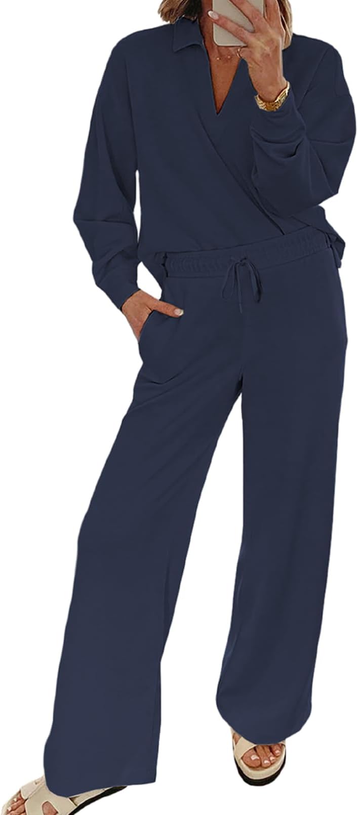 EVALESS Two Piece Sets for Women Fall 2024 Lounge Sets V Neck Sweatshirt and Wide Leg Sweatpants Matching Sets Women Clothing