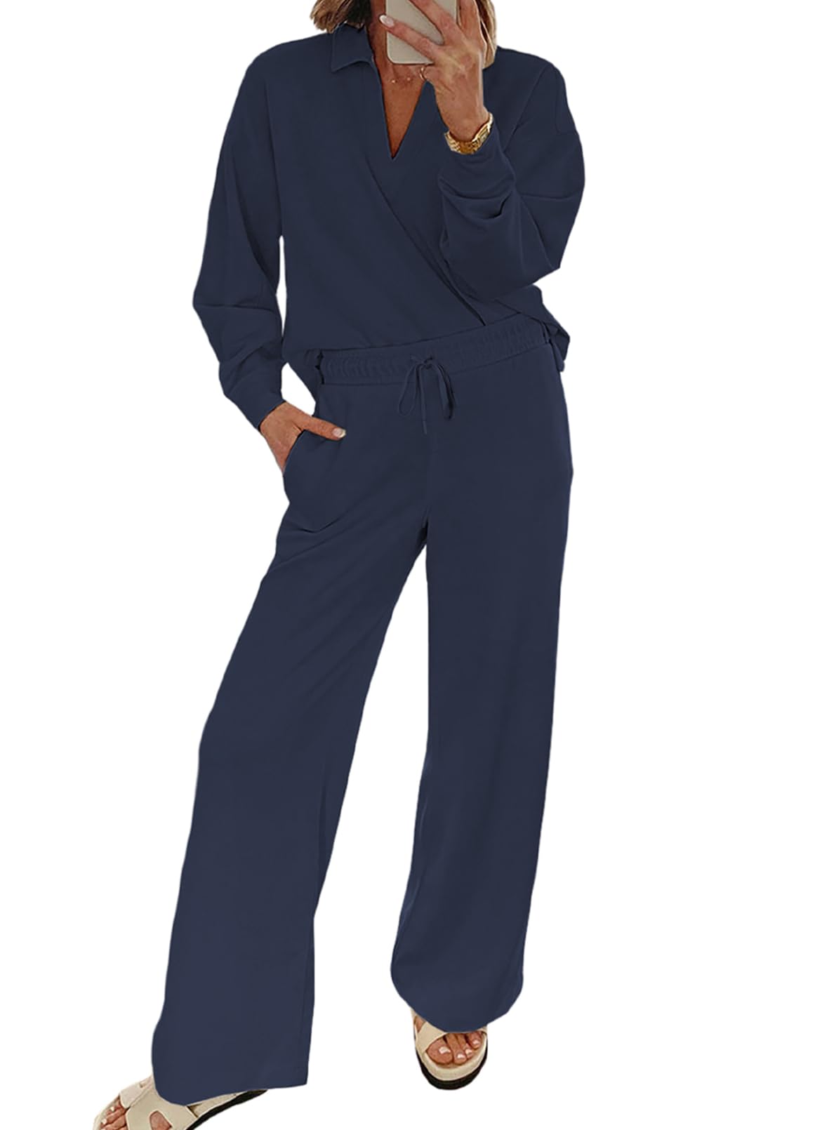 EVALESS Two Piece Sets for Women Fall 2024 Lounge Sets V Neck Sweatshirt and Wide Leg Sweatpants Matching Sets Women Clothing