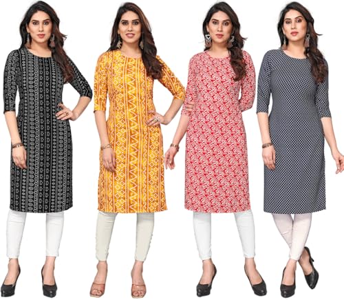 Image of JAKHANA Women's Crepe Printed Casual Straight Calf Length Round Nick Kurta Pack of 4
