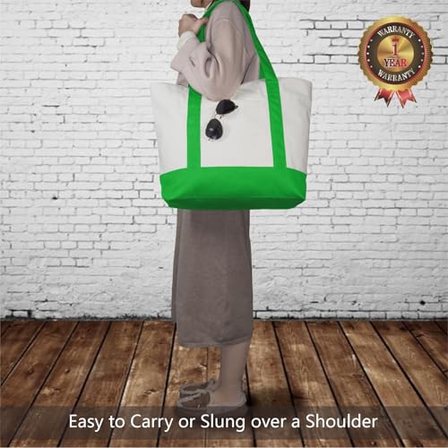 Image of TOPDesign 1-Pack Canvas Tote Bag with an External Pocket, Reusable Grocery Shopping Bag, Top Zipper Closure, Daily Essentials (Lime Green /Natural)