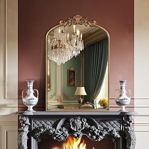 HQiJun Gold Vintage Antique Wall Mirror, Decorative Traditional Ornate Baroque Arched Hanging Mirrors, Farmhouse Decor for Living Room Bedroom, Entryway, Bathroom Vanity(36″ * 24″ * 1.2″)