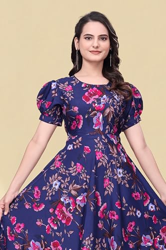 Image of Women's A-Line Crepe Maxi Dress | Stylish Fit and Flare Dress with Round Neck Short Puff Sleeves for Casual Wear