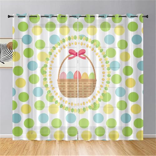 Hiseng Cortinas Salon Modernas, Pascua Bonitas Cortinas Dormitorio Juvenil con Ojales, Translucidas Visillos para Ventanas Habitacion, Visillos Salón 2 Piezas (Huevos de Lunares,55x95cm)