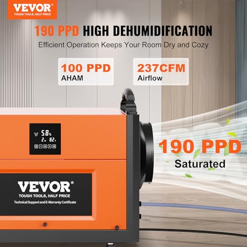 Image of VEVOR 190 Pints Commercial Dehumidifier with Drain Hose for Crawl Spaces, Basements Warehouse & Job Sites, Large Capacity Dehumidifier for Water Damage Restoration, Auto Defrost, CSA Listed