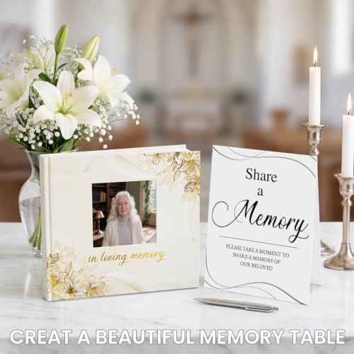 Image of Funeral Guest Book, in Loving Memory Sign in Book with Photo Slot | 330 Entries, Table Sign Card Included, Gold Stamping, Twill-Textured Paper Cover, Celebration of Life Keepsake, 9x7.5 inch, Beige