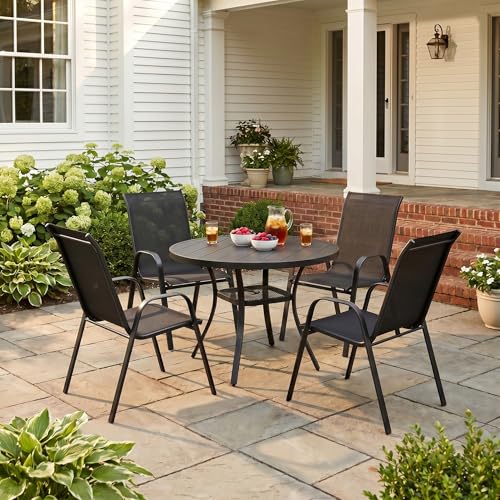 Image of VICLLAX Patio Dining Set for 4, All Weather Metal 5 Pieces Patio Set-40.6 inch Round Outdoor Table and Stackable Chairs for Lawn Garden and Backyard, Black Tabletop