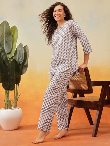 Image of Clovia Women's Cotton Floral Printed Kurta Style Top & Pyjama Nightsuit Set