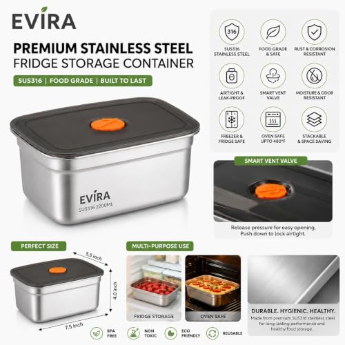 Image of 316 Stainless Steel Fridge Storage Box Set- 1500 ML (Pack of 6) Premium Food Grade & Leakproof Container | Airtight Locking Lids | Microwavable, Freezer & Dishwasher Safe Kitchen Organizer