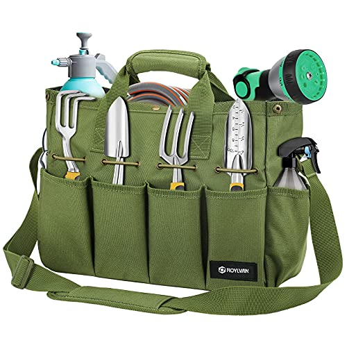 Roylvan Garden Tool Bag, Gardening Tote Bag with Multi-Pockets, Long Adjustable Strap Electrician Tool Bags for Men Women, Wear-Resistant Multi-Purpose Tool Bag Organizer, 14 Inch, Dark Green