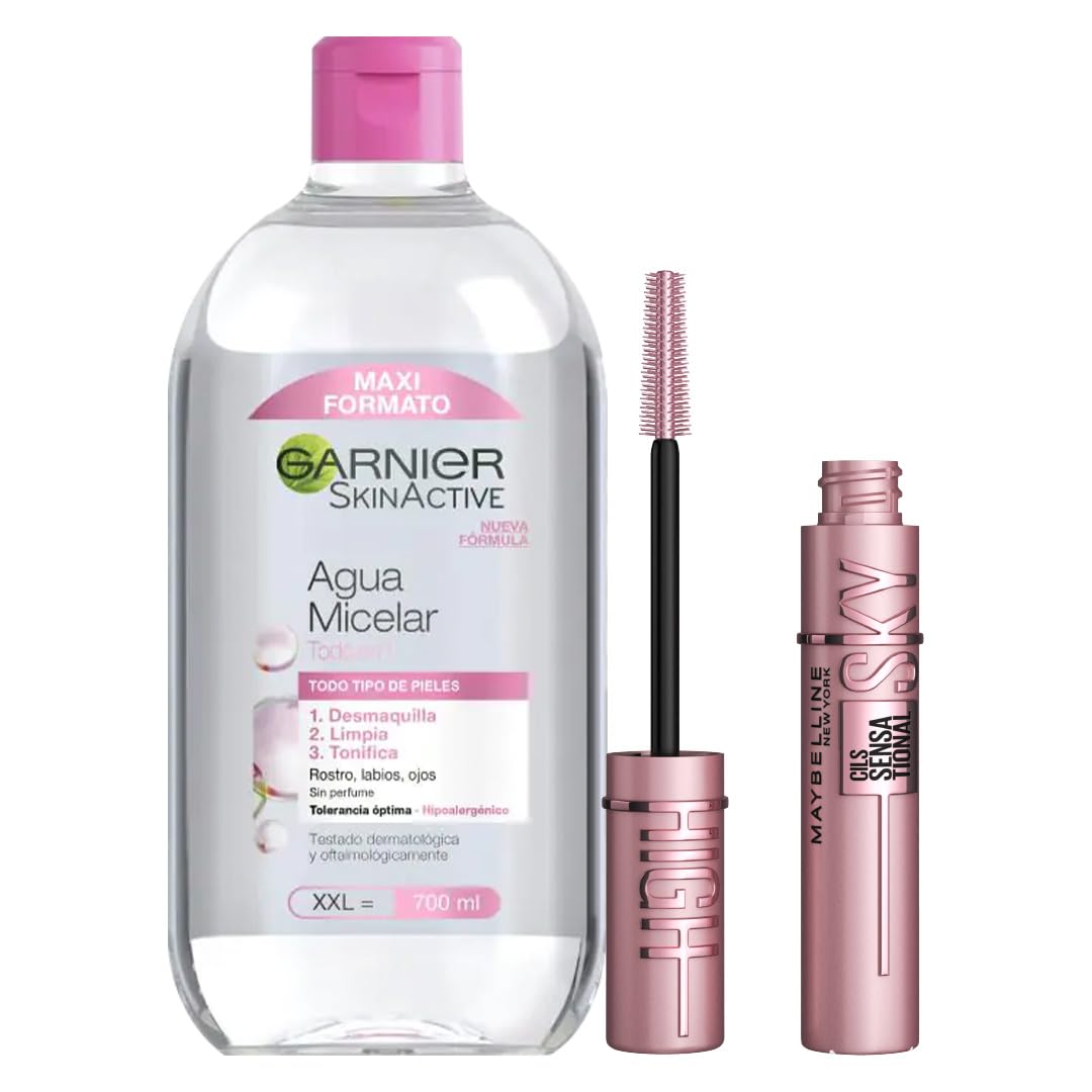 Kit de rutina cuidado de la piel y maquillaje de Maybelline New York y Garnier Skin Active, Incluye la Máscara de Pestañas Sky High y el Agua Micelar Clásica 700 mL