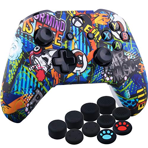 YoRHa Impresión Caucho de Silicona Funda Skin Case Carcasas Piel para Xbox One S/X Mando Controller x 1 (Graffiti Azul) con Agarres para el Pulgar Thumb Grip x 10