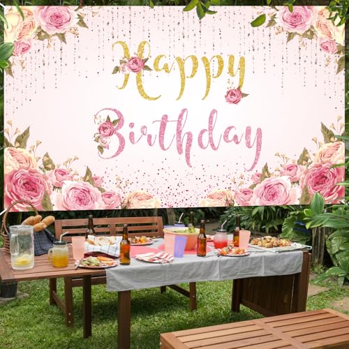 Image of Happy Birthday Banner Pink Birthday Party Backdrop for Women Girls birthday sign Courtyard Photography Background Indoor Outdoor 71 x 47 inches