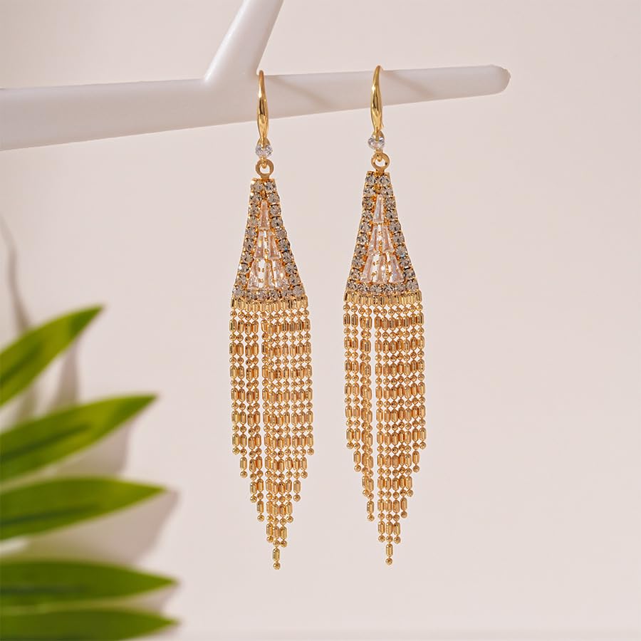 Triangle Rhinestone Chandelier Dangle Earrings for Women Gold Long Tassel Dangle Earrings Punk Long Threader Earrings for Woman Wedding Bridesmaid Prom Party2