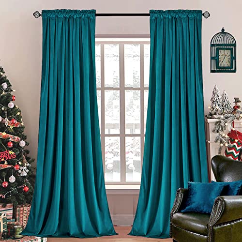 Image of Peacock Blue Luxury Velvet Curtains 63 Inches Length - Room Darkening Soft Rod Pocket Light Blocking Curtain Drapes for Living Room, Set of 2 Window Curtain Panels