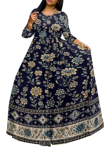Image of Women Plus Size Long Sleeve V Neck Maxi Dress with Belt | Soft fabric relaxed fit three quarter sleeve v neck with pockets for party and daily wear