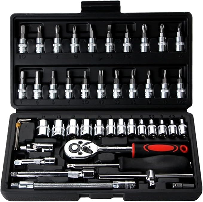46PCS 1/4" Drive Socket & Tool Sets, Ratchet Wrench Set with Bit Socket Kit, Metric with Extension Bars Quick Release Reversible Ratchet for DIY, Car Repair, Household(Black)