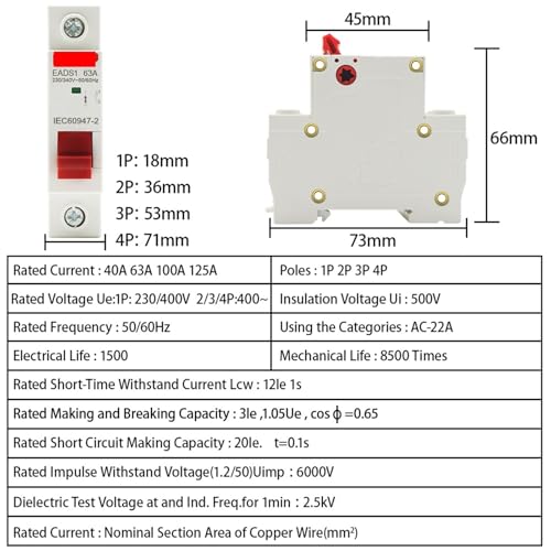Interrupteur principal disjoncteur 1P 40A AC 230V modulaire pour tableau - 6
