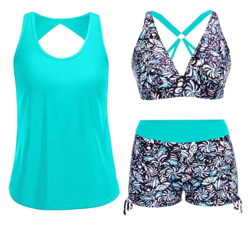 Image of Yonique 3 Piece Tankini Swimsuits for Women Swim Tank Top Bathing Suits with Boy Shorts and Bra Athletic Swimwear