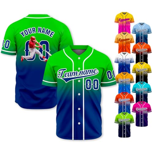 Custom Baseball Jersey Men - Button Down Personalized Team Name Number Gradient Baseball Shirts Sports Uniform for Men Women (US, Alpha, One Size, Regular, Regular, Gradient-30)