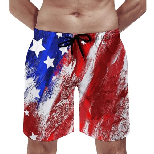 Mens American Flag Swim Trunks with Compression Liner 5 Inch Inseam 4th of July Patriotic Bathing Suit Board Shorts