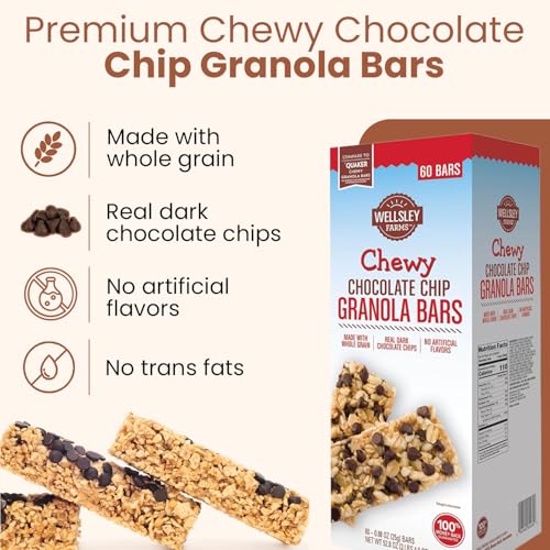 Wellsley Farms Chewy Chocolate Chip Granola Bars - No High-Fructose Corn Syrup - Vegetarian - Whole Grain Granola Bars - 110 Calories Per Bar - Perfect for Snacks & Lunchboxes, 60 Count (Pack of 1) - image 3