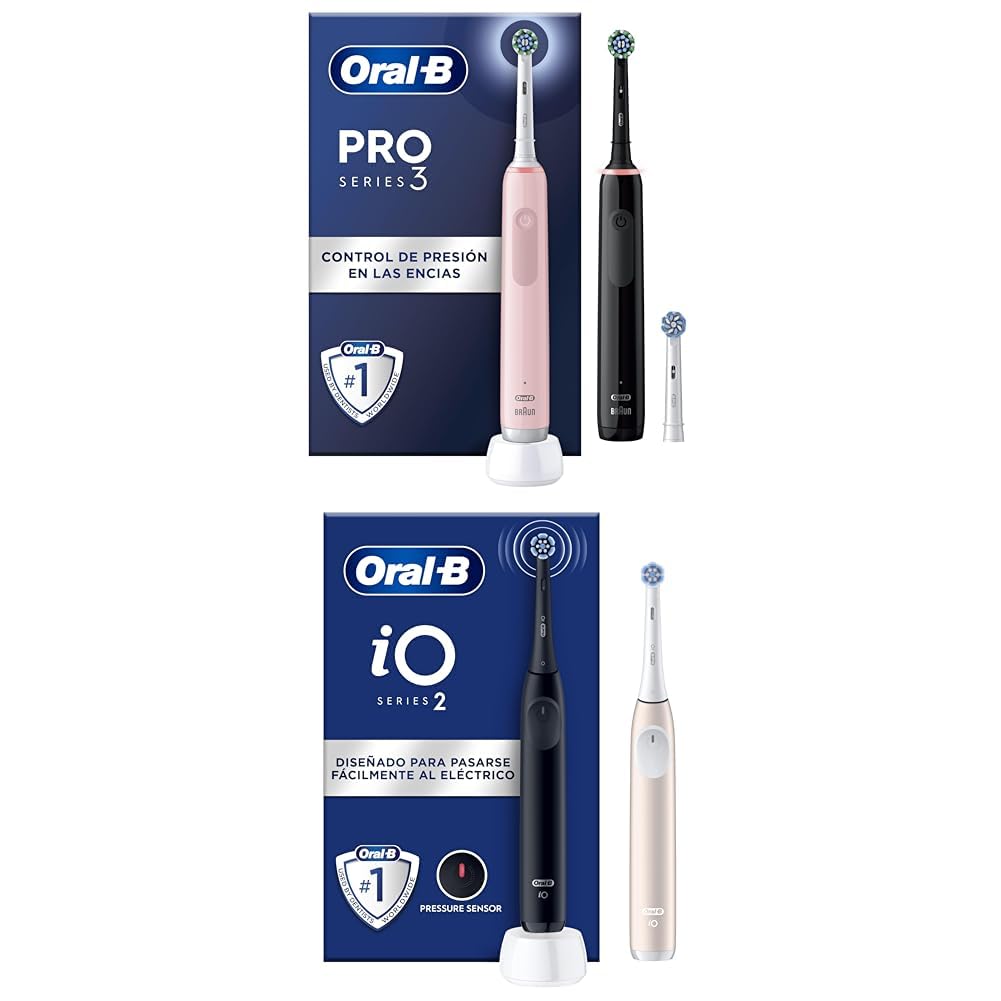 Oral-B Pro 3 3900N Cepillos de Dientes Eléctricos (Pack de 2) con Mango Recargable y Cabezal de Recambio, Negro y Rosa + Oral-B iO 2 Cepillos de Dientes Eléctricos Negro Noche y Rosa Suave