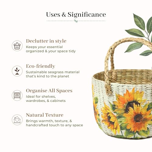 Image of Habere India-All the Cultures Fabricating India Handmade Gift Hamper Baskets | Cane Round Hamper | Fruit Baskets | Bamboo Organiser Basket | Jute Round Storage Basket - Multi (Design15 - D21xH29 cm)