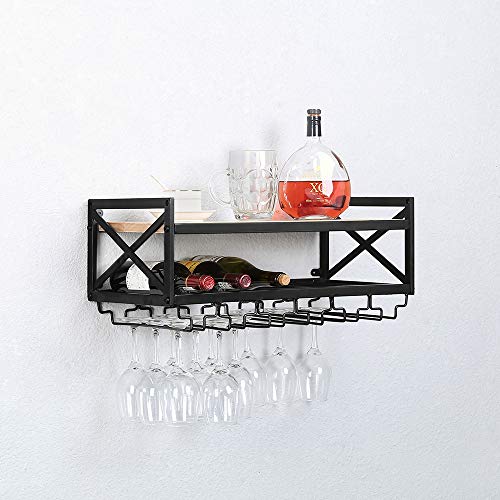 ZAIZHUO Industrial Wine Racks Wall Mounted with 6 Stem Glass Holder2-Tiers Wall Mount Bottle Holder Glass Rack24in Rustic Metal Hanging Wine Holder Wine AccessoriesWood Shelves Wall Shelf