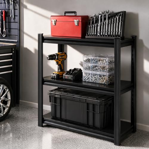 Image of Metal Garage Shelving Unit, Heavy Duty Adjustable Storage Shelves, Steel Shelving, 1500 lbs Capacity Shelves for Heavy Tools and Equipment, 3 Tier, 27.6 inch W x 13.8 inch D x 31.5 inch H