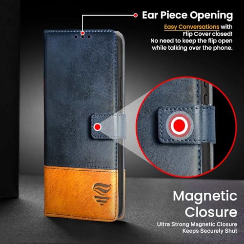 Image of Flipped Vegan Leather Flip Case Back Cover for Realme 12 Pro 5G | Realme 12 Pro Plus 5G (Flexible, Shock Proof | Hand Stitched Finish | Card Pockets Wallet & Stand | Irish Blue with Tanned Oak)
