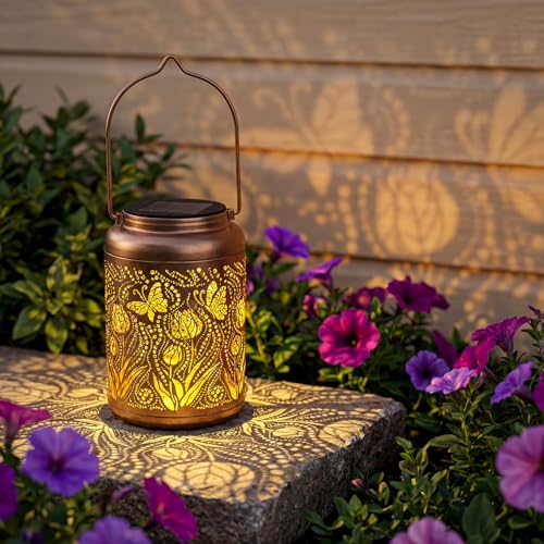 Prmape Lanterne Solaire Exterieur Jardin, 17*11cm Papillon de Tulipe Lumiere Solaire Exterieur Decorative, Étanche Lampe Solaire Rétro en Métal pour Table...