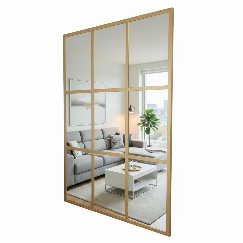 THEROSE Espejo Ventana Dorado, Espejo Industrial, Aluminio Oro, 120 x 80 cm