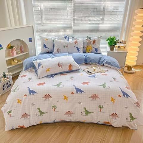 BuLuTu Dinosaur Kids Duvet Cover Set Twin, Cotton Dino Cartoon Bedding Set for Boys Girls Toddler,Dinosaur Animal Pattern on Blue Comforter Cover,Zipper & 4 Corner Ties Cover