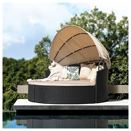 KaiMeng Patio Furniture Round Outdoor Daybed with Retractable Canopy Wicker Rattan Sectional Sofa for Lawn Garden Backyard Pool (Beige)