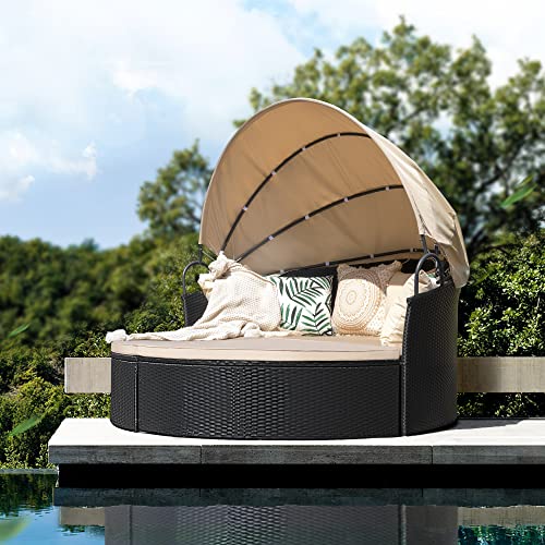 KaiMeng Patio Furniture Round Outdoor Daybed with Retractable Canopy Wicker Rattan Sectional Sofa for Lawn Garden Backyard Pool (Beige)