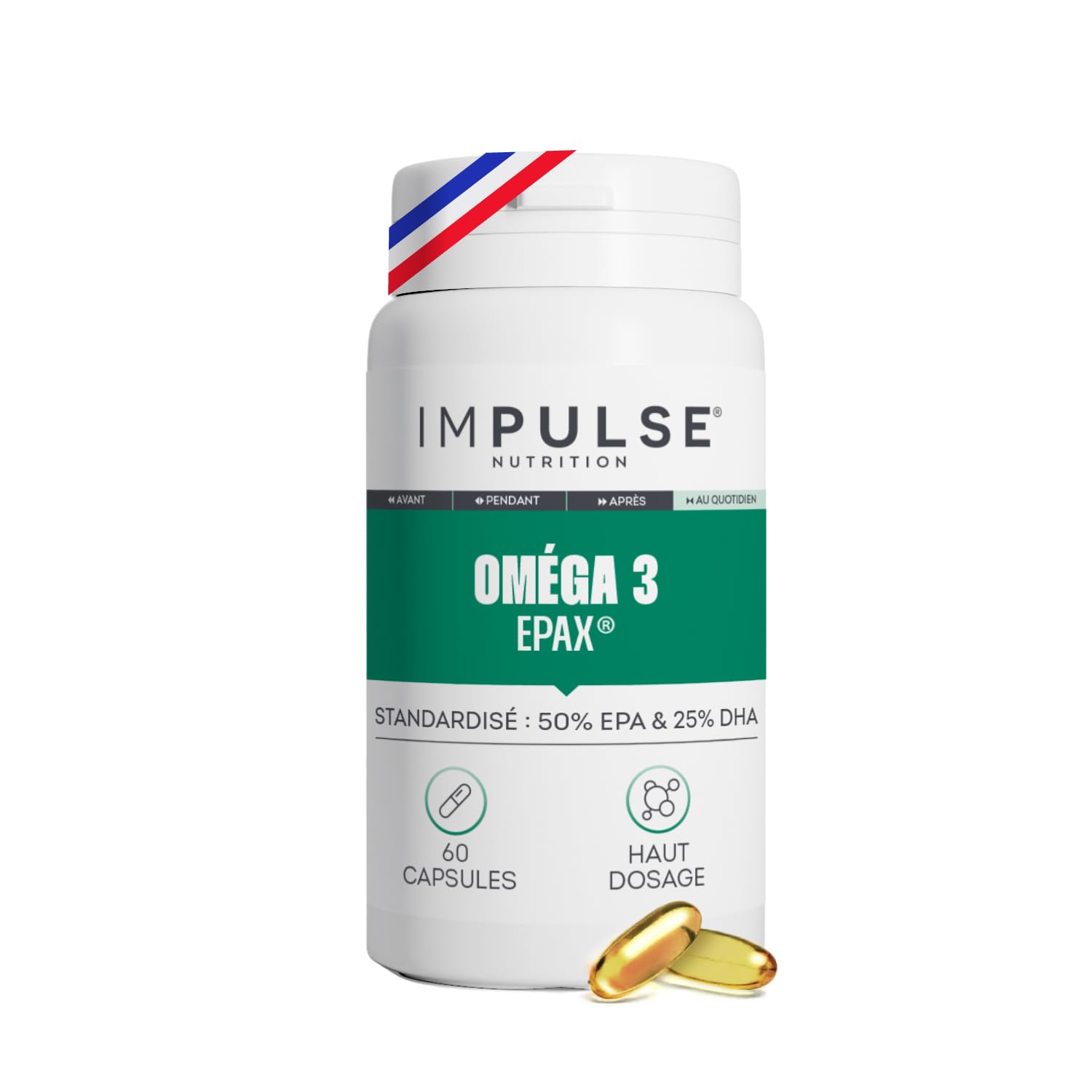 Impulse Nutrition - Oméga 3 concentrés 50% EPA / 25% DHA - Qualité Epax® - Pureté Totox <10 - Certifiés Friend of the Sea - Complément alimentaire Bien-être & Performance - Fabriqué en France
