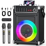 JYX Karaoke Machine with 2 Wireless Microphones, Bluetooth Speaker with Bass/Treble/Echo Adjustment & LED Light, Support USB, SD Card, AUX, TWS, FM, REC, Supply for Party/Adults (Black)