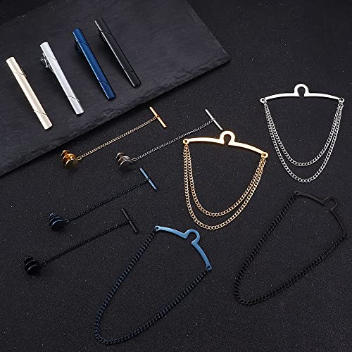 Sanfenly Tie Clips for Men - Black, Blue, Gold, Silver Tie Bars with Chain Set - Valentine's Day, Father's Day2