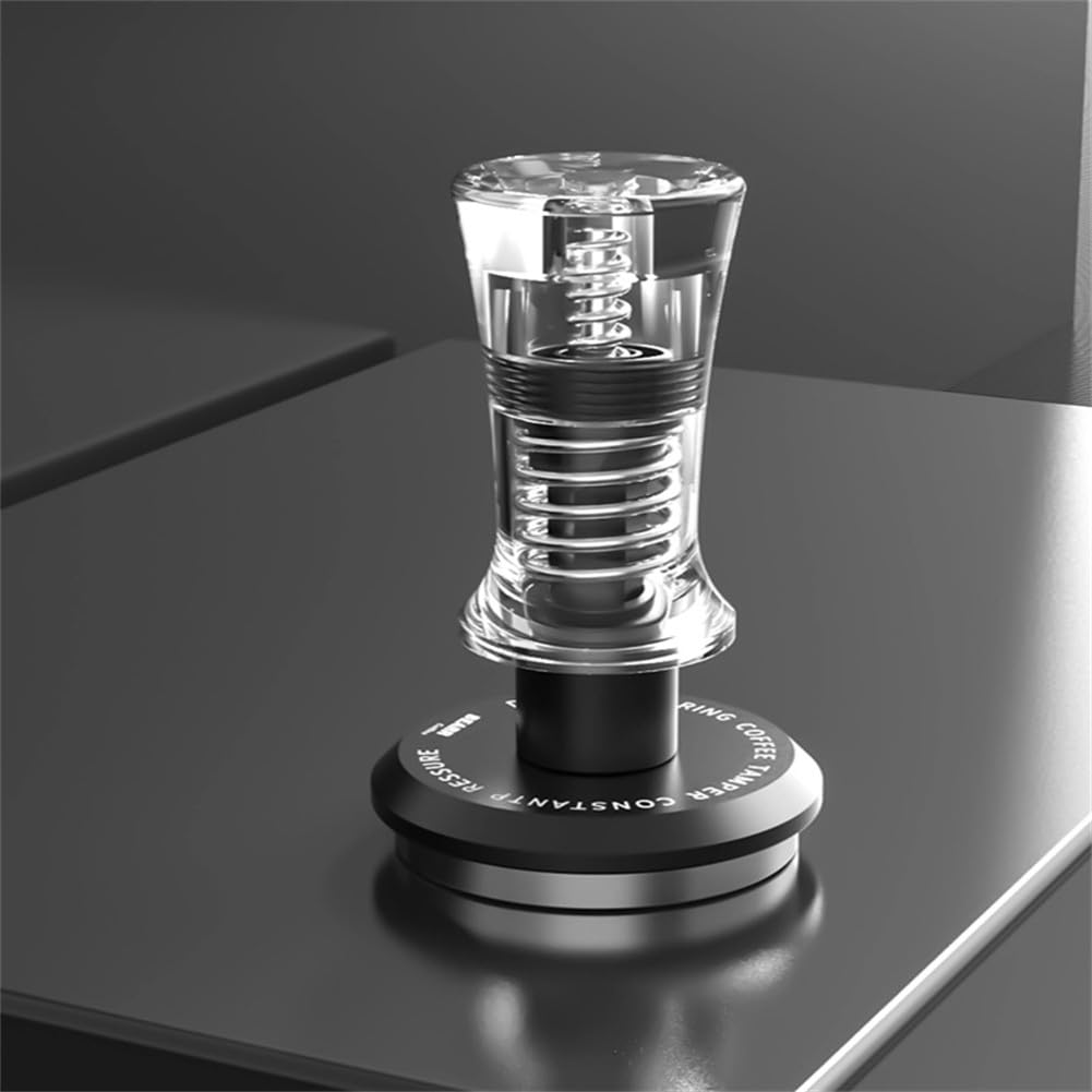 Calibrated Spring Coffee Tamper 13.6 kg Presión constante con falda niveladora Espresso, mango acrílico transparente, 58 mm