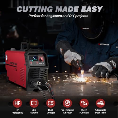 ARCCAPTAIN Plasma Cutter, [Large LED Display] 50Amps Cutter Machine with 110/220V Dual Voltage DC Inverter IGBT 1/2 Inch Clean Cut Post Flow and 2T/4T, for Beginners DIY