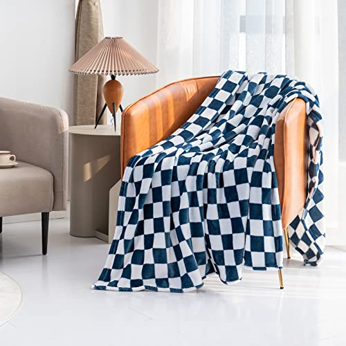 LOMAO Throw Blankets Flannel Blanket with Checkerboard Grid Pattern Soft Throw Blanket for Couch, Bed, Sofa Luxurious Warm and Cozy for All Seasons (Navy, 50"x60")