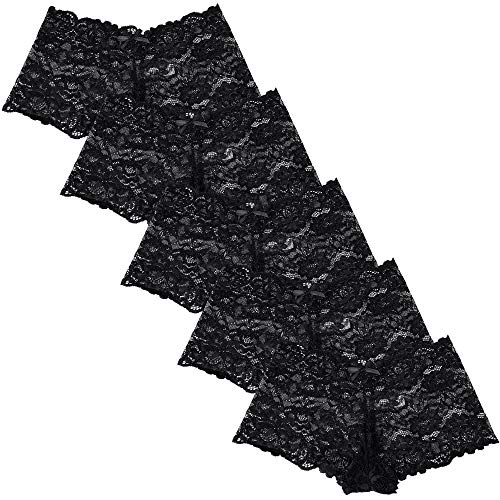 Yenita Women Lace Hipster - Juego de 5 panties para mujer de tejido de encaje suave transparente Negro M