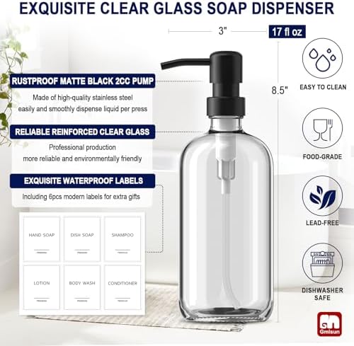 GMISUN Glass Soap Dispenser with Pump, 4 Pack Clear Bathroom Hand Soap Dispenser with Stainless Steel Pump, 17 Fl Oz Refillable Kitchen Hand and Dish Soap Dispensers Set, Modern Liquid Pump Bottles — view 2
