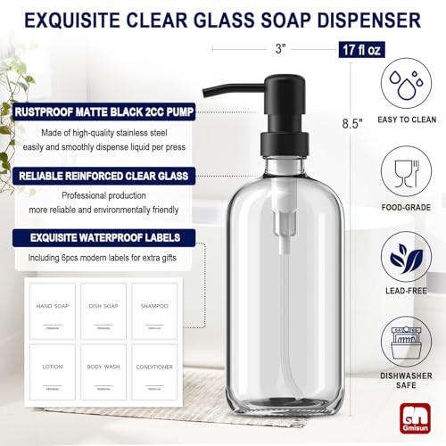 GMISUN Glass Soap Dispenser with Pump, 2 Pack Clear Bathroom Hand Soap Dispenser with Stainless Steel Pump, 17 Fl Oz Refillable Kitchen Hand and Dish Soap Dispensers Set, Modern Liquid Pump Bottles - Thumbnail 3